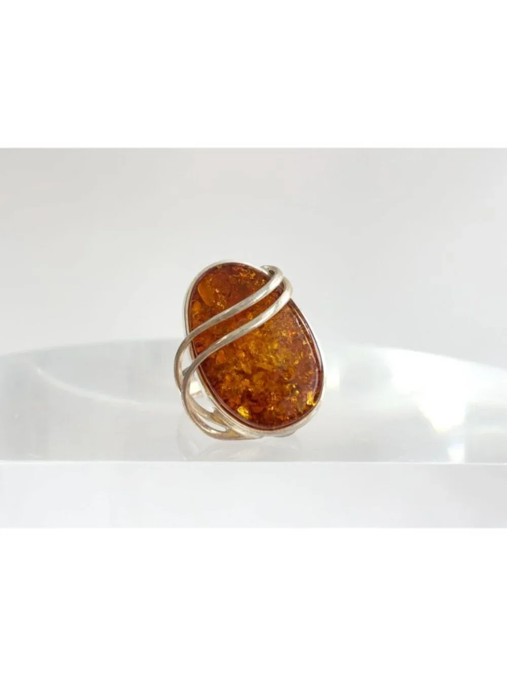 Modernist Genuine Baltic Amber Stone Sterling Silver 925 Vintage Ring - sz 7.5